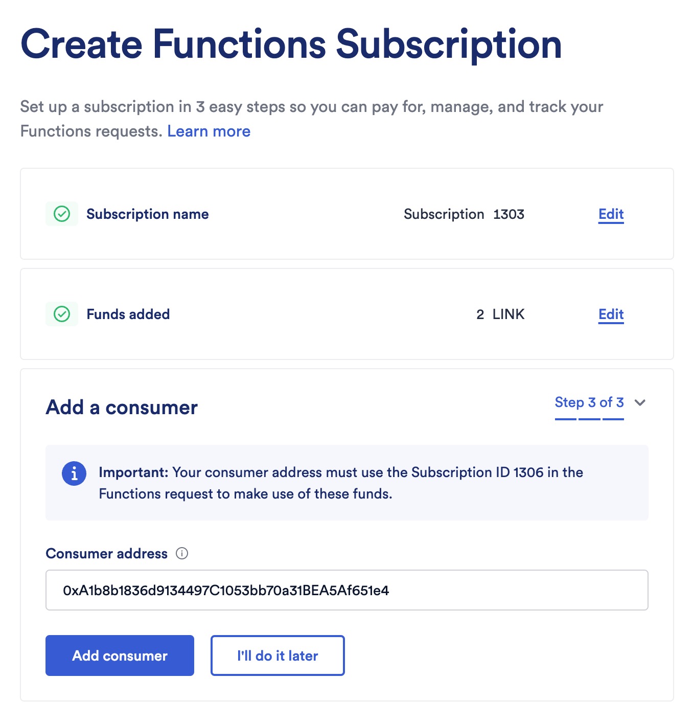 Chainlink Functions subscription add consumer